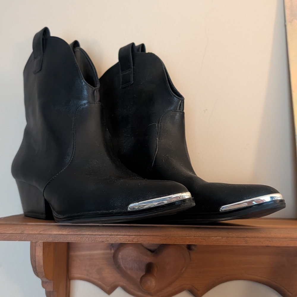 Black Ankle Boots with Silver Toe Cap, Western